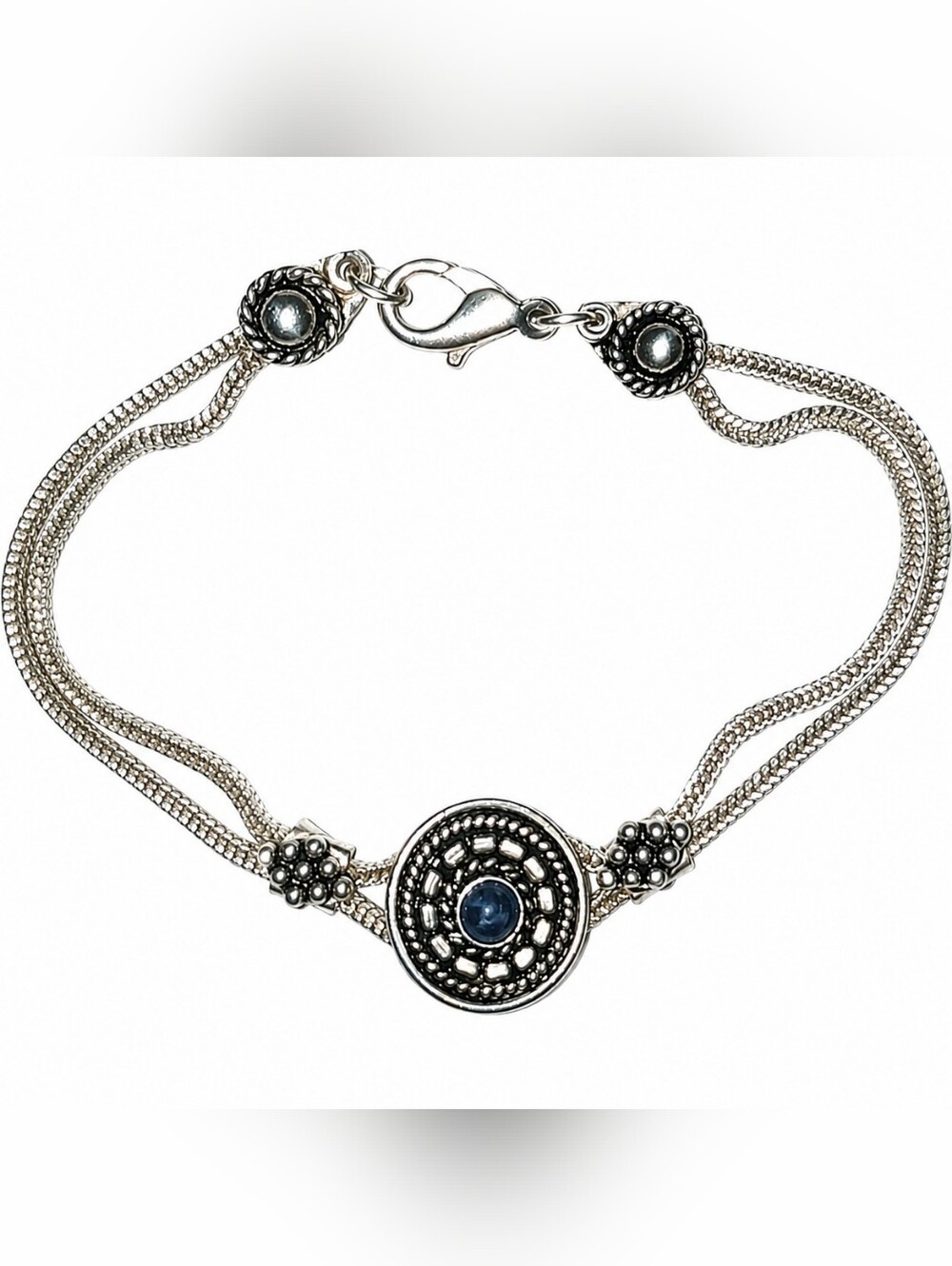 SEZGIN 925 Sterling Silver Multi-Strand Bracelet Blue Cabochon Stone 8" (EUC)